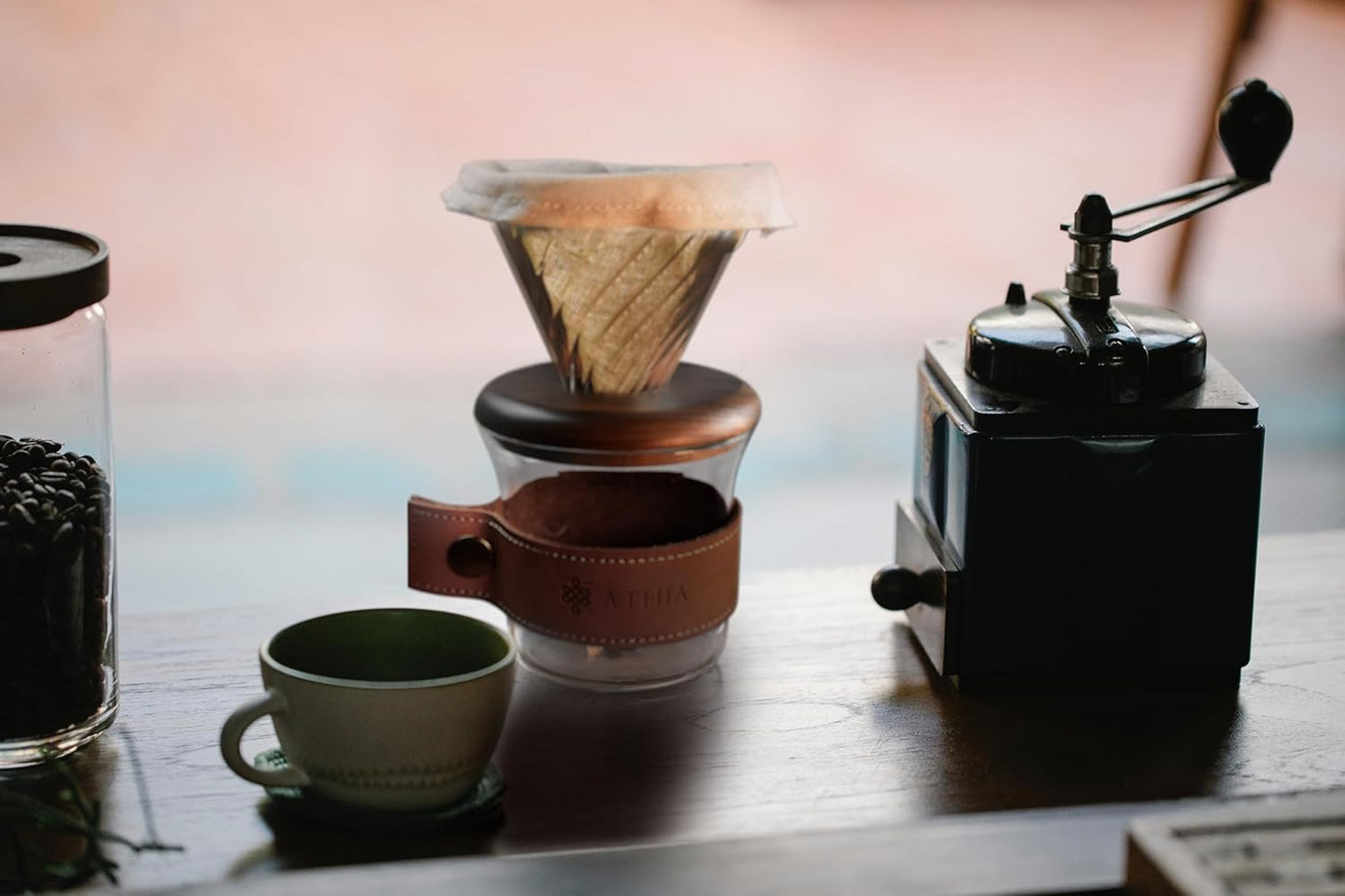 ATHIA glass pour over coffee maker set, minimalist drip coffee maker with reusable cloth filter, glass coffee dripper, walnut lid & leather sleeve for single cup manual brewing (Walnut Wood)