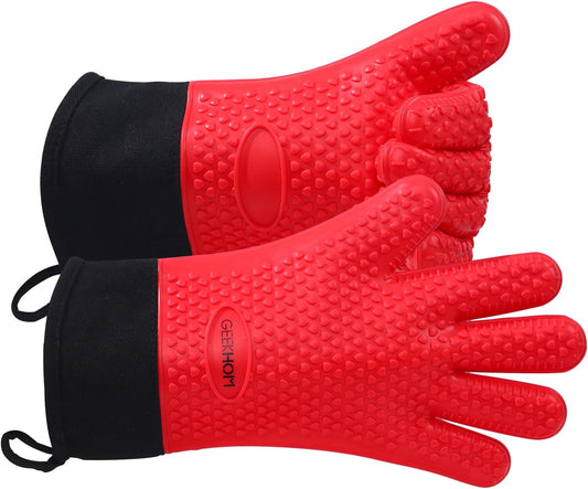 GEEKHOM BBQ Gloves Heat Resistant Oven Mitts - Silicone Grilling Gloves with 13.7" Arm Protection - Waterproof Pot Holder Non-Slip for Men & Women, Kitchen Outdoor Cooking, Baking, Camping, Red