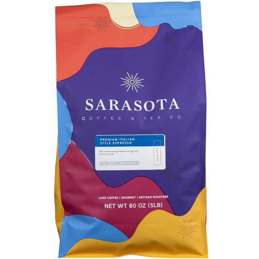 Sarasota Coffee Whole Bean Espresso | Dark Roast Gourmet Coffee Beans | Low Acid, Mold Free, Specialty Grade Bulk Beans | 5lb (80 oz)