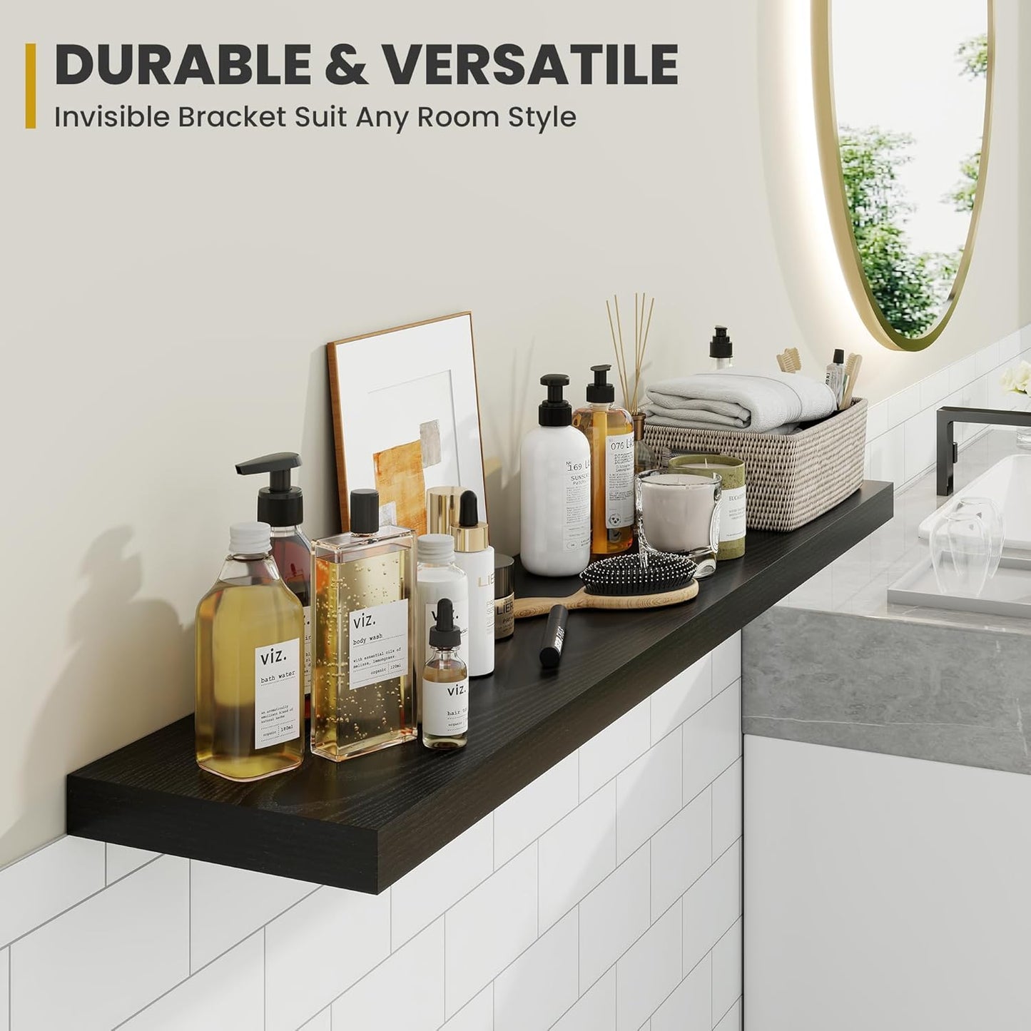 36 Inch Floating Shelves, 9.3" Deep Floating Shelf Wall Mounted, 36" Wall Shelves, Rustic Deep Bookshelf, Large Display Shelves & Storage Shelves for Bedroom, Living Room, Black, Set of 2