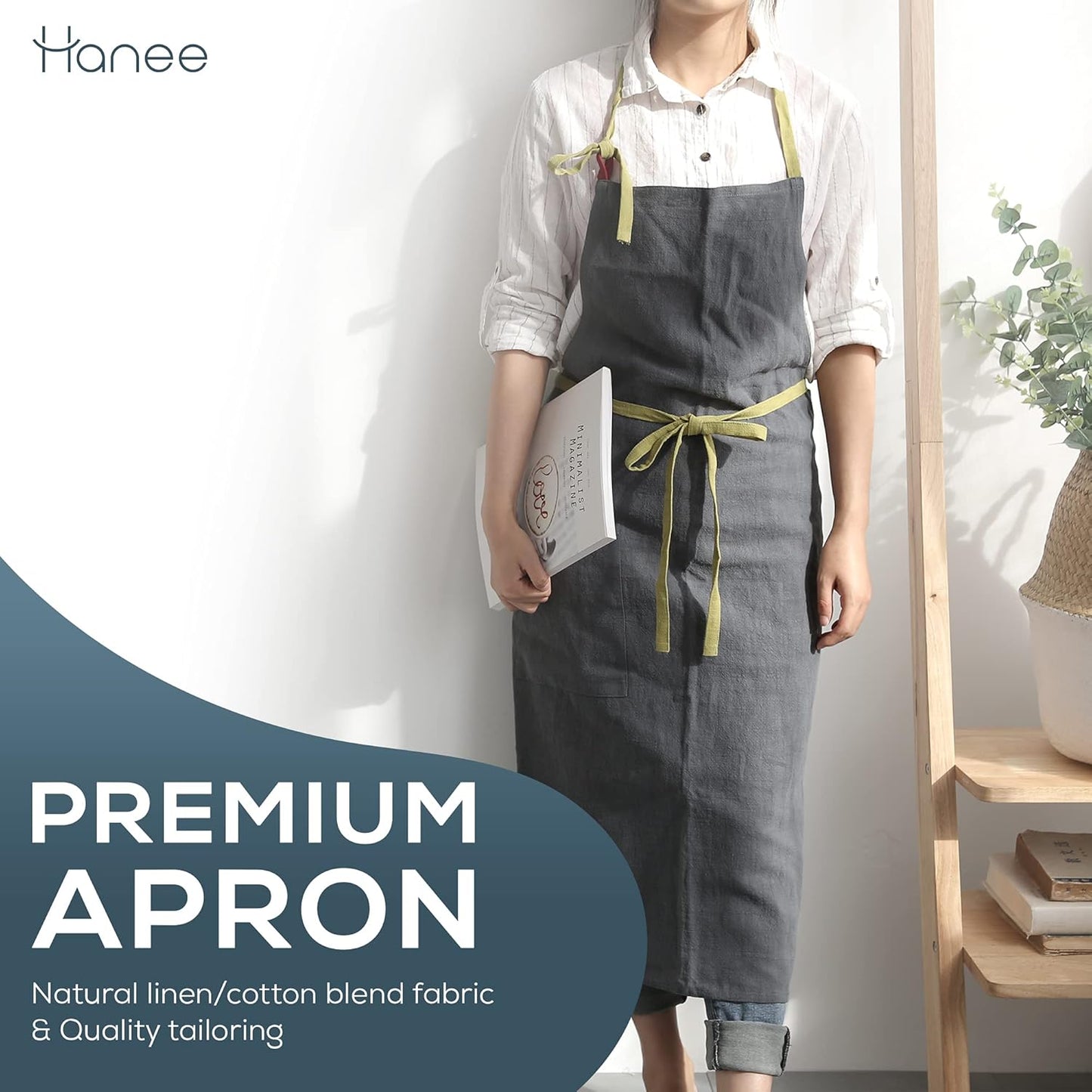 HANEE Kitchen Apron for Women & Men (9 Colors) Linen Cooking Aprons with pocket
