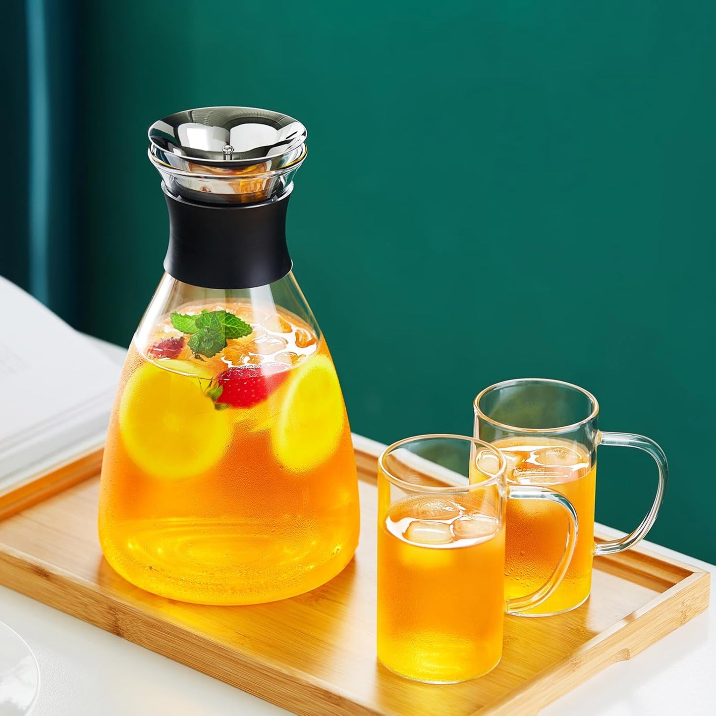 Glass Pitcher with Lid and Spout, 62 OZ Water Jug, Glass Carafe with Lid for Hot/Cold Water, Large Pitcher for Coffee, Juice,Homemade Iced Tea Beverage 1800ML