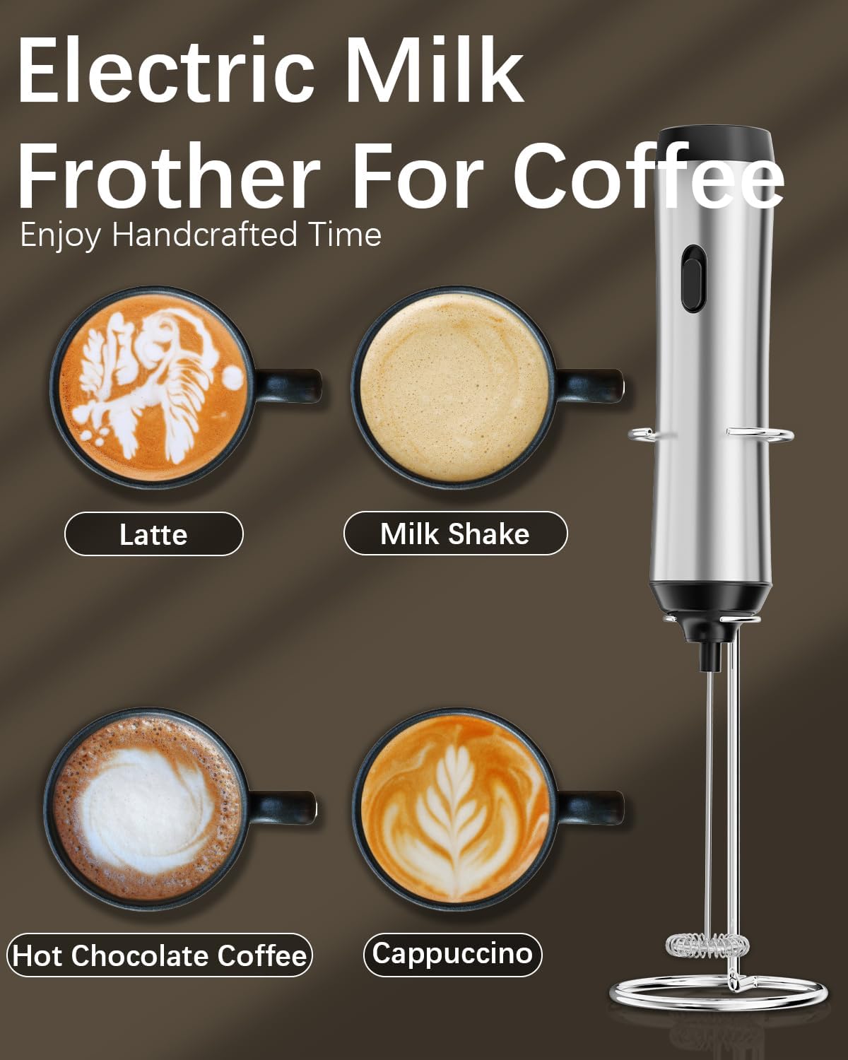 Rechargeable Milk Frother with Stand, Electric Frother Wand Handheld Coffee Foam Maker Detachable Stainless Steel Whisk Drink Mixer Foamer for Latte, Cappuccino, Hot Chocolate, Egg (Silver-1)