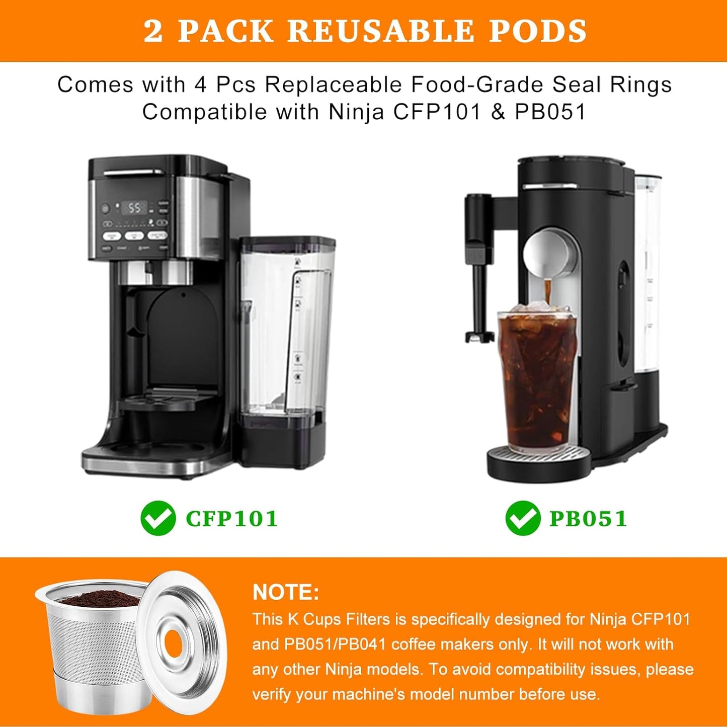 Reusable Stainless Steel K Cups Compatible with Ninja Pods and Grounds Coffee Maker Dual Brew CFP101 & Ninja Single-Serve PB051/PB041, Reusable Coffee Filter Pods Accessories (2 Pack)