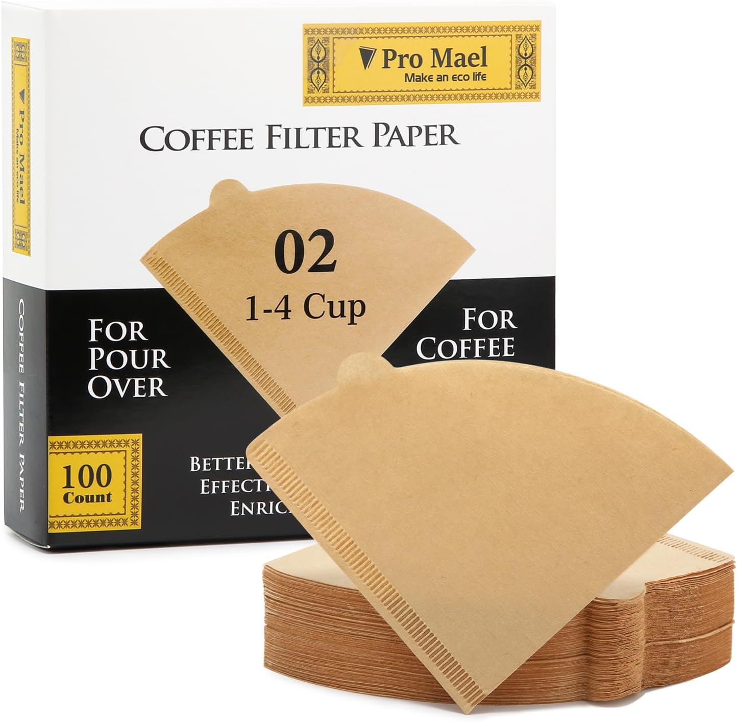Pro Mael V60 Coffee Filters, Size 02 Cone Coffee Filters, Natural Unbleached Pour Over Paper Filters (100 Count)