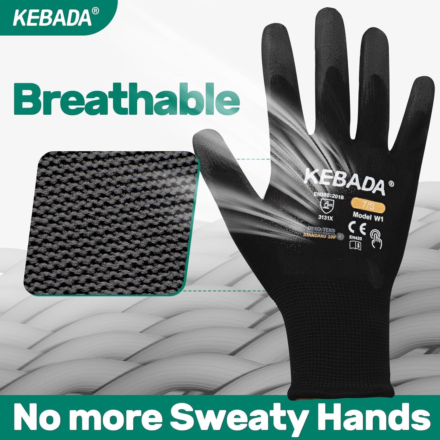 Kebada W1 Work Gloves for Men and Women, PU Coated Safety Gloves with Grip, Touchscreen, Ideal for Warehouse Package Handling, Construction, Gardening, Black Large