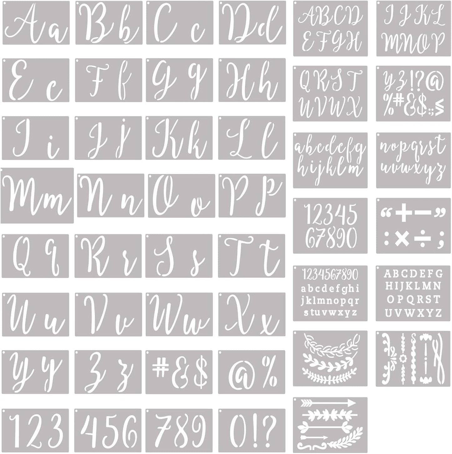 Stencils for Painting, 45 Pack, 4 Inch and 2 Inch Letter Stencils and Numbers, Symbols and Signs, Alphabet Stencils. Reusable Calligraphy Letter Stencils for Arts Crafts Painting Wood