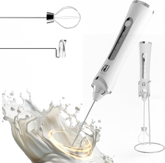 Rechargeable Handheld Milk Frother - Electric Foam Maker - Portable Coffee Frother Wand with 2 Heads - Stainless Steel Electric Whisk for Coffee, Latte, Cappuccino, Macchiato, Hot Chocolate (White)