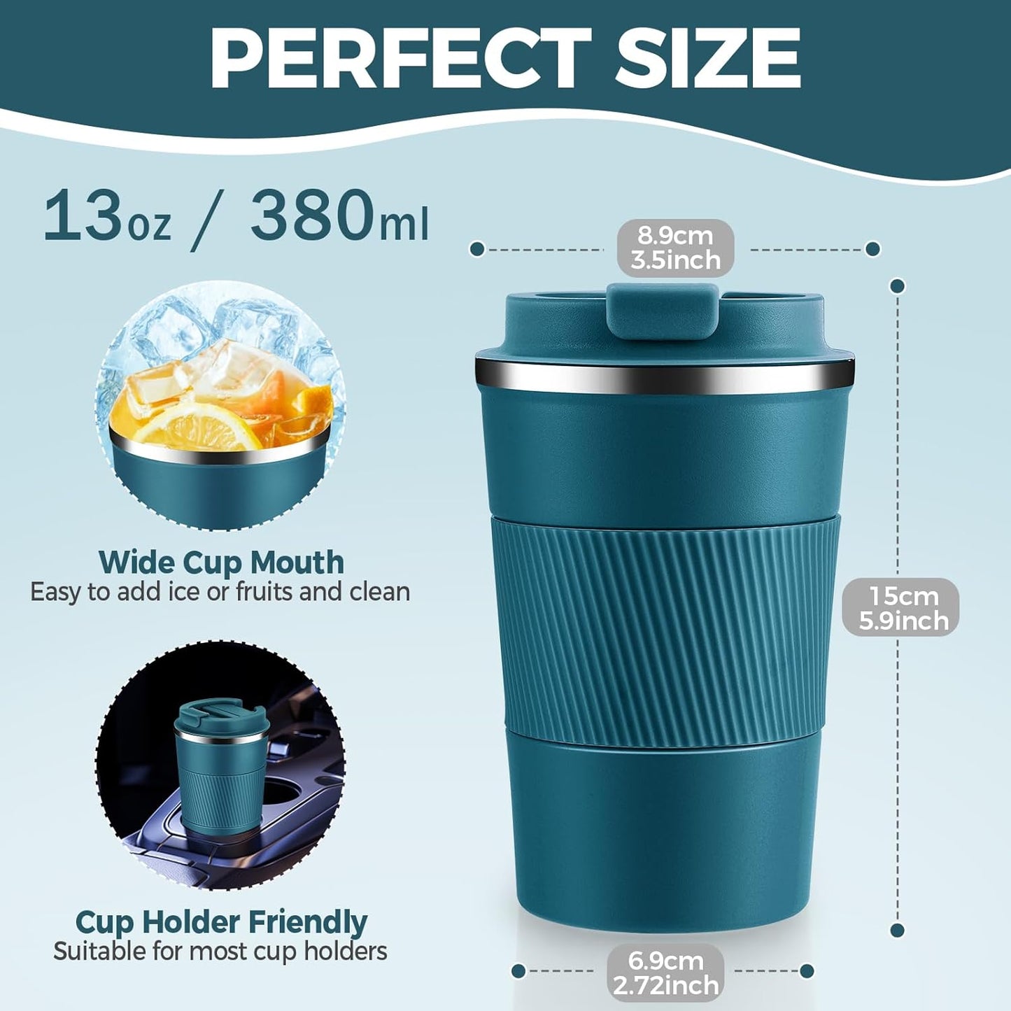 Volhoply 13 oz Stainless Steel Insulated Travel Coffee Mug with Fip Lid,Reusable Double Wall Vacuum Metal Coffee Cup,Portable to Go Leak Proof Cafe Thermal Tumbler for Hot & Cold Drinks(Bule,1)