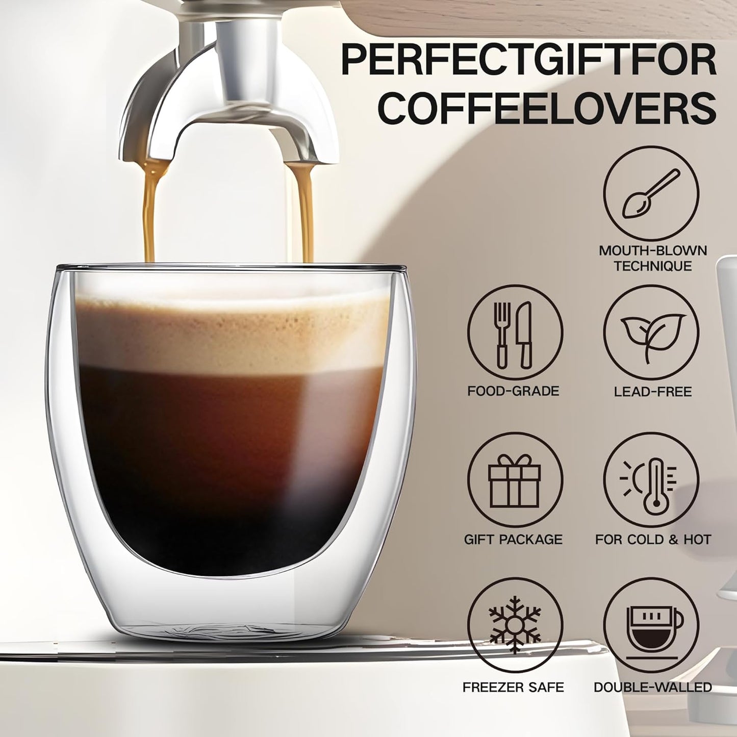 Set of 4 Double Walled Glass Coffee Mugs 5 Ounces Insulated Layer Coffee Cups Borosilicate Glass Espresso Cup for Hot Beverage,Cappuccino,Tea,Latte,Wine,Microwave Safe