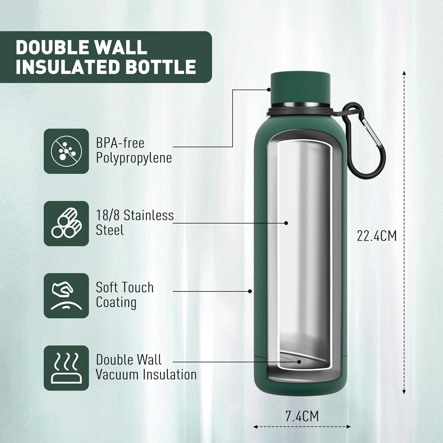 Slim Insulated Water Bottles for Travel 18oz with Clip, Double Wall Vacuum Stainless Steel Water Bottle Keeps Drinks Cold 24 Hrs/Hot 12 Hrs, 100% Leakproof, BPA Free(Emerald Green)