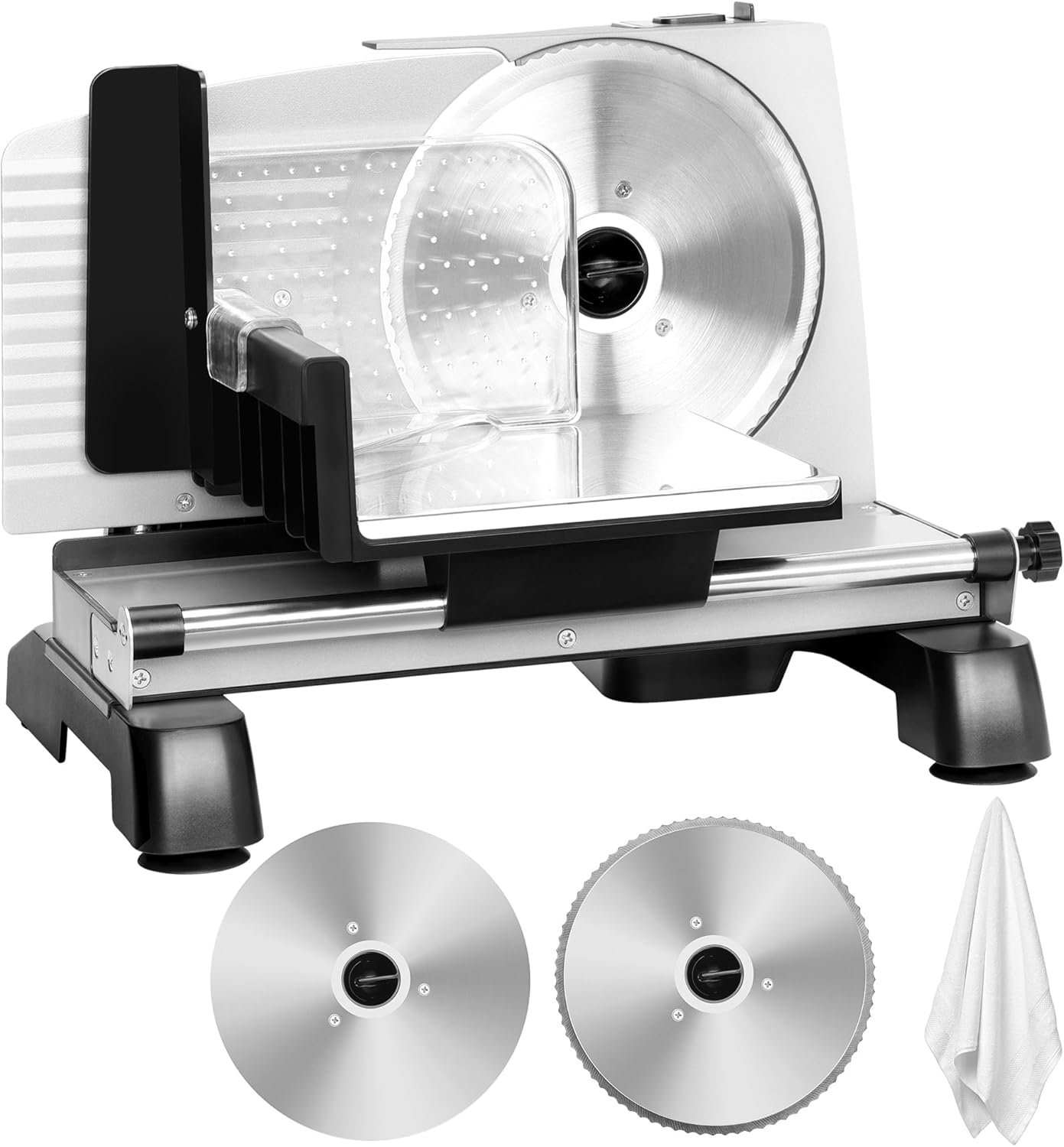Meat Slicer 200W for Home Use, 2 Removable 7.5" Stainless Steel Blades, Electric Food Slicer with 0-18mm Adjustable Thickness, Child Lock, 1 Tray, and 1 Towel