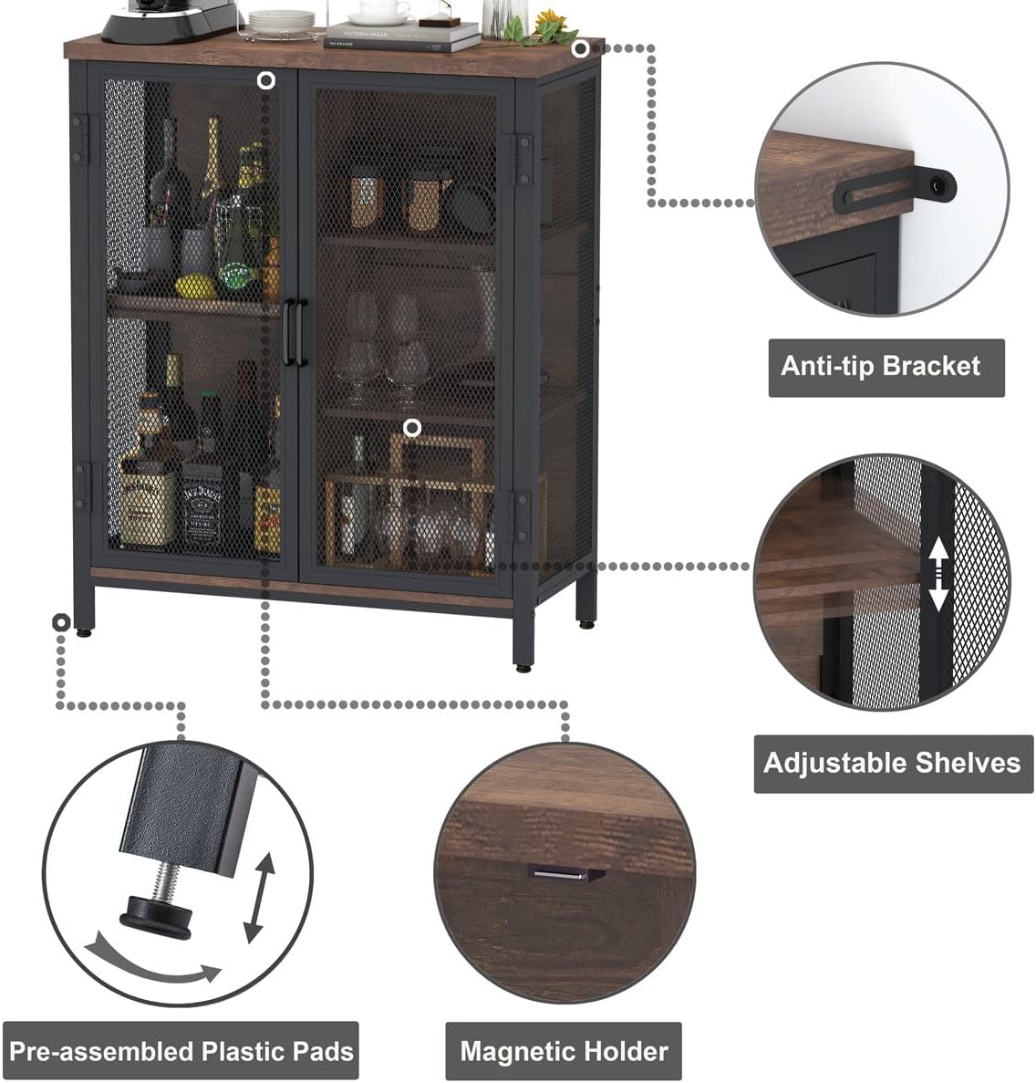 BON AUGURE Coffee Bar Cabinet for Liquor, Small Storage Cabinet for Home Kitchen, Farmhouse Sideboard Buffet Cabinets, Industrial Alcohol Cabinets for Dining Entryway Living Room (Rustic Oak)