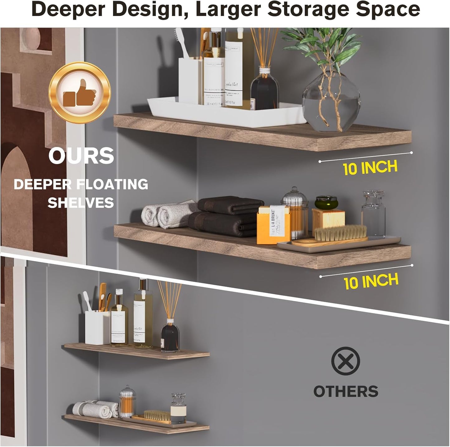 Wall Shelf Set of 3, Walnut Floating Shelves 36 in W x 10 in D x 1 in H, Wooden Floating Wall Shelf with Invisible Brackets for Living Room/Bedroom/Bathroom/Kitchen Storage and Decor