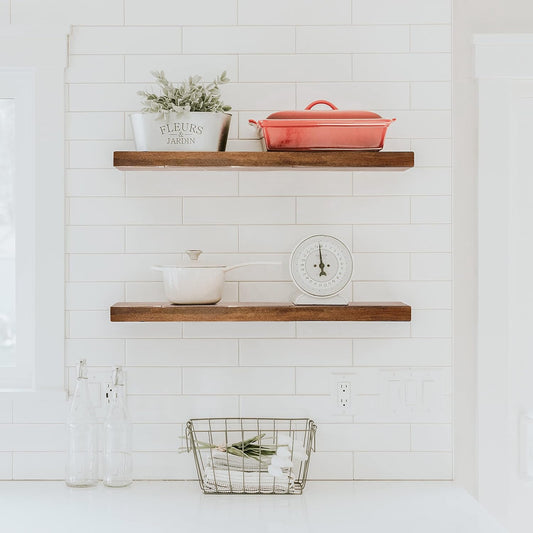 URBANDI, Rustic Floating Shelves, Set of 2, Hidden Bracket, Solid Wood, Heavy Duty, Wall Mounted Shelves, (Provincial, 60Wx8D)