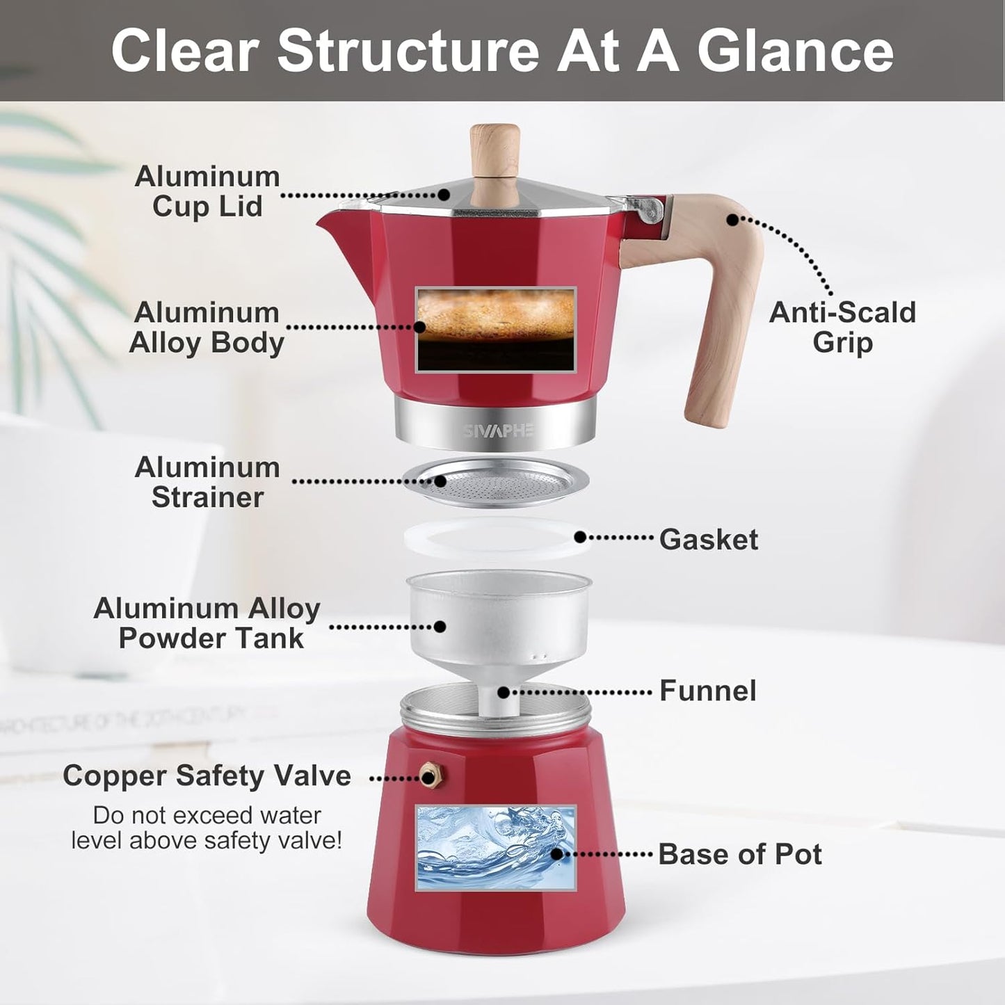 Sivaphe Aluminum Moka Pot 9 Espresso Cups, Percolator Espresso and Coffee Maker, Portable Stovetop Italian and Cuban Café Brewer for Home and Camping Red