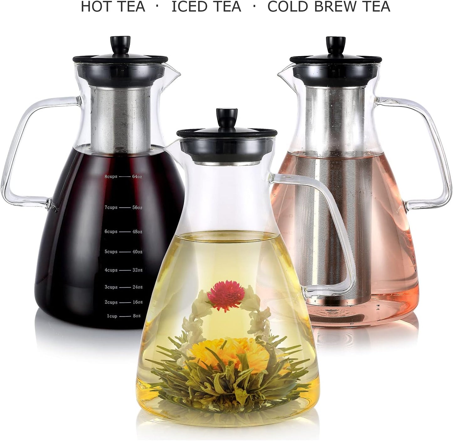 Teabloom Extra-Large Multi-Brew Glass Teapot + Kettle + Pitcher (68 OZ / 2.0 L / 8 CUPS) – For Hot Tea, Iced Tea, Cold Brew Tea and Fruit Infused Water – Volume Markings For Precise Brewing