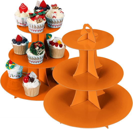 2Pcs 3-Tier Cupcake Stand, Cake Stand holder, Tiered DIY Cupcake Stand Tower for Dessert Table Displays, Birthday Theme Party Favors Decoration, Floral Tea Party, 12" W x 12.8" H, Orange