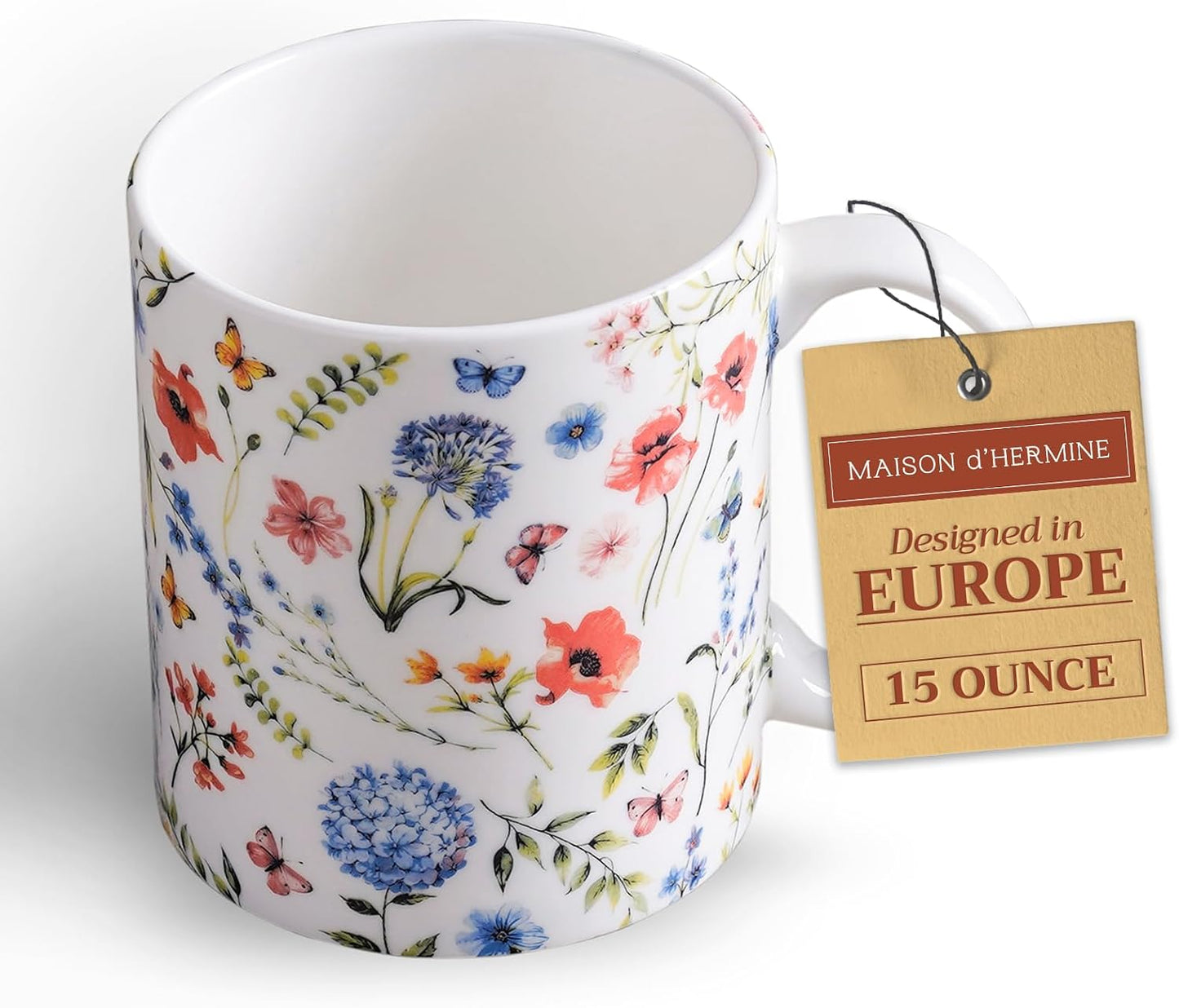 Maison d' Hermine Coffee Mug with Handles Fine Bone China Mugs Pack of One Tea Cups for Hot Beverages Cappuccino Latte Home Restaurant Office Perfect for Gift (Just Floral - Blues 'N Redz, 15 Ounce)