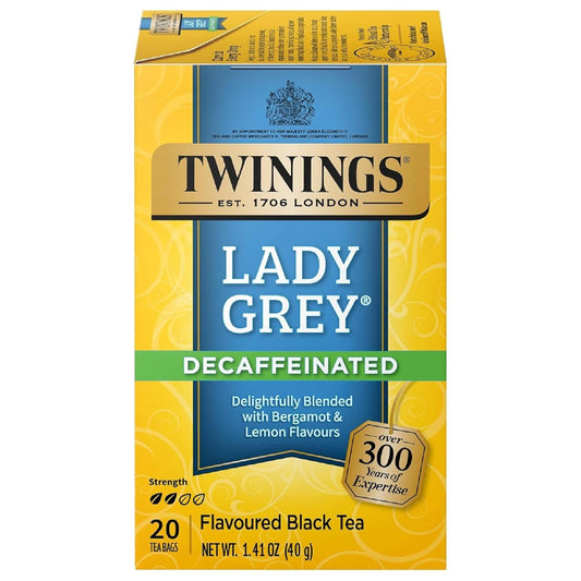 Twinings Decaffeinated Lady Grey Black Tea Individually Wrapped Bags, 20 Count (Pack of 1), Orange Peel & Lemon Peel, Enjoy Hot or Iced, 20 Teabags