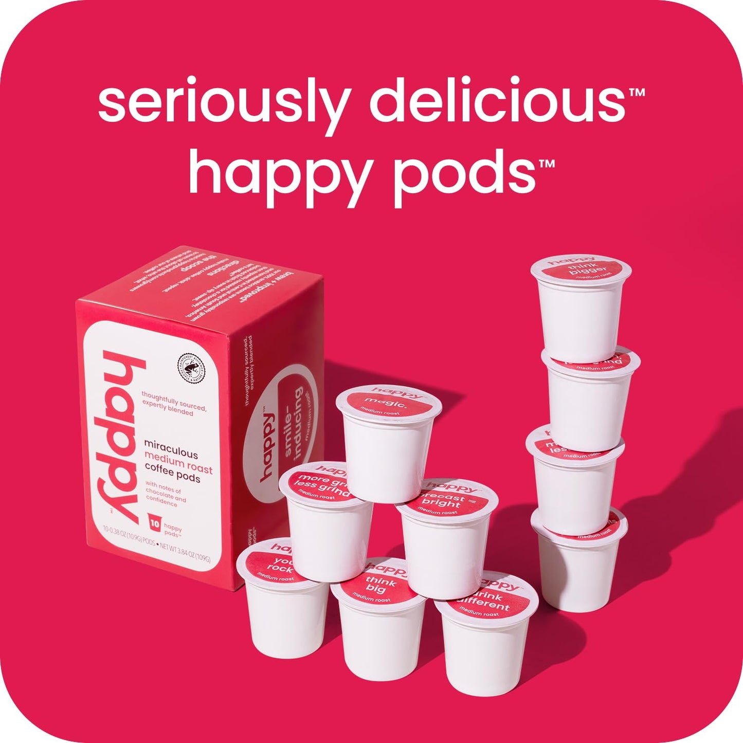 happy coffee medium roast coffee pods, 10 count, notes of chocolate & confidence, compatible with most K-cup brewers, rainforest alliance certified