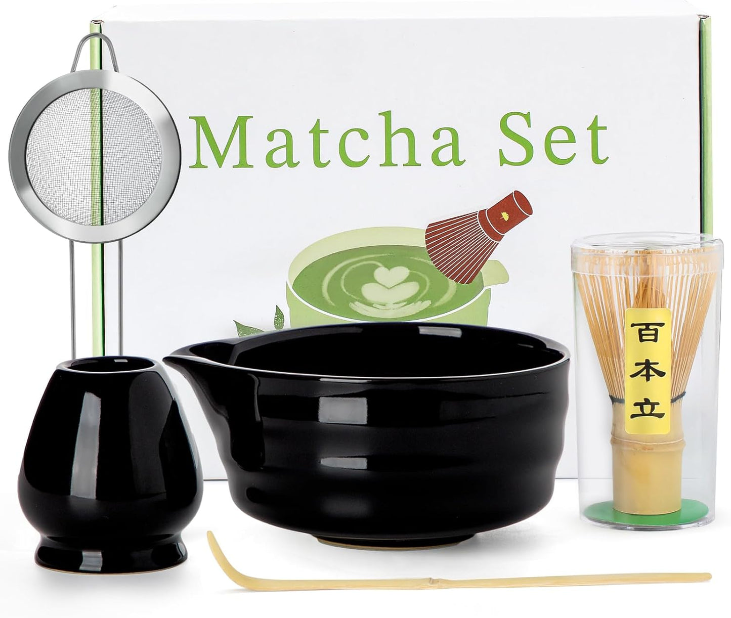Matcha Whisk Set - 5PCS Matcha Set Includes 17OZ Chawan with Spout, Bamboo Chasen Whisk with Ceramic Holder, Wooden Scoop and Stainless Sifter, Matcha Kit for Ceremony, Gift for Matcha Lovers