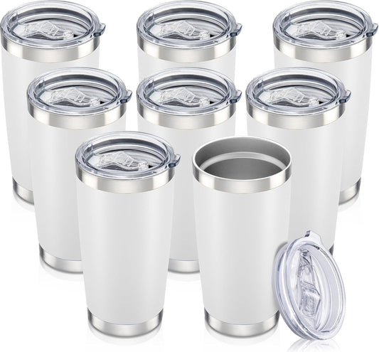 20 oz Tumbler with Lid Stainless Steel Insulated Tumblers Bulk Double Wall Vacuum Cups Powder Coated Travel Mug Keep Drink Cold and Hot, White, 8 Pack