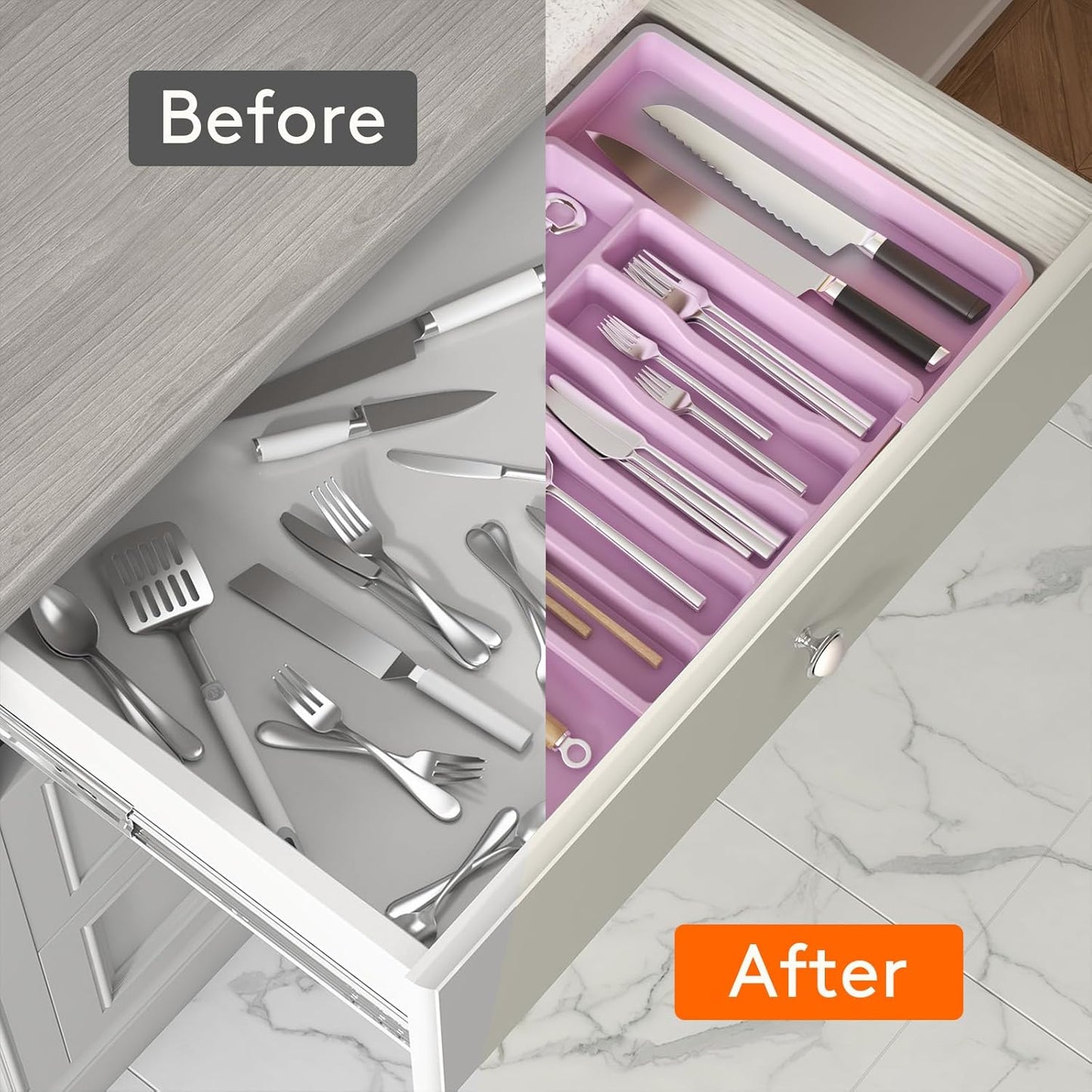 Lifewit Silverware Drawer Organizer, Expandable Utensil Tray for Kitchen, BPA Free Flatware and Cutlery Holder, Adjustable Plastic Storage for Spoons Forks Knives, Large, Purple