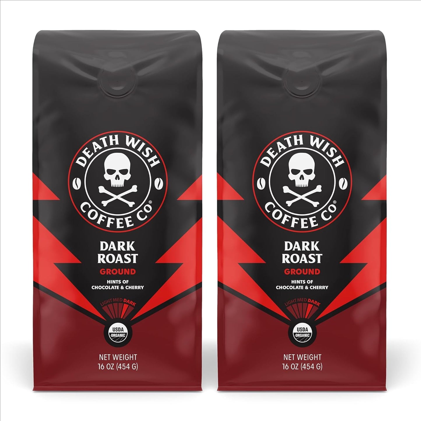 Death Wish Coffee Dark Roast Grounds -16 Oz, 2 Packs of Bold & Intense Blend of Arabica & Robusta Beans - USDA Organic Ground Coffee - Pack of 2