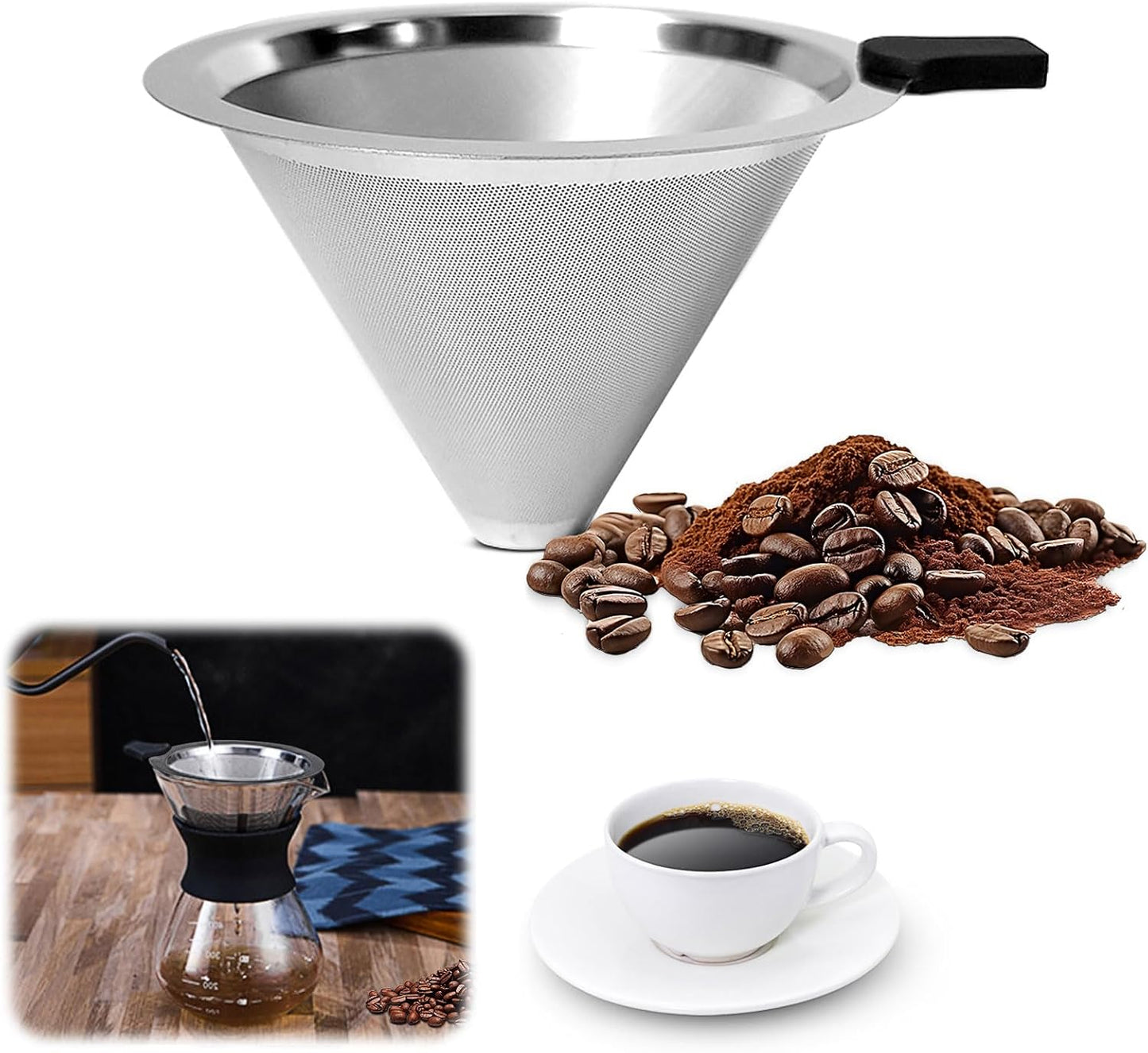 Pour Over Coffee Dripper-Stainless Steel Coffee Filter,Reusable Drip Cone Coffee Filter Portable Pour for 1-4 Cup (Without base, M)