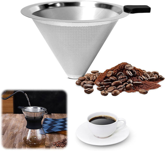 Pour Over Coffee Dripper-Stainless Steel Coffee Filter,Reusable Drip Cone Coffee Filter Portable Pour for 1-4 Cup (Without base, L)