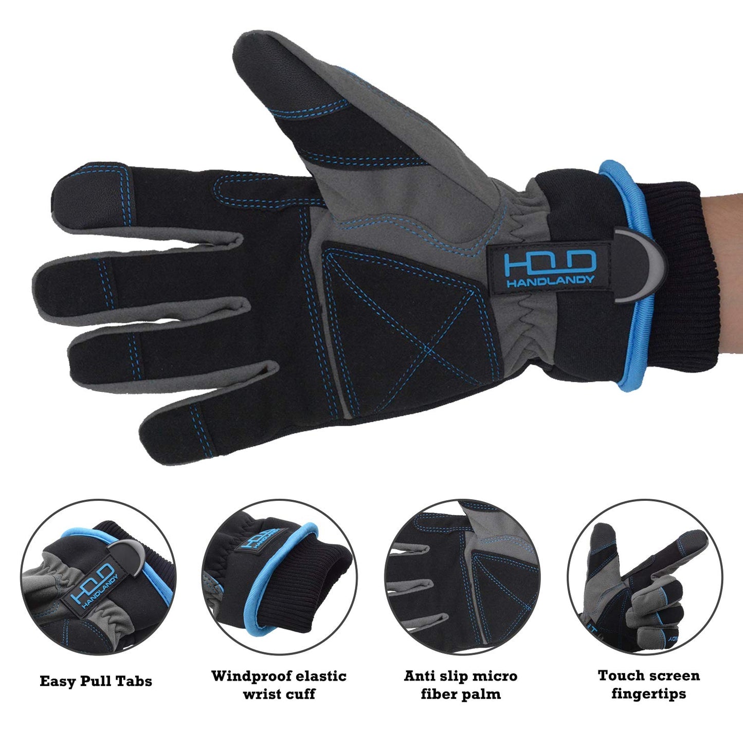 HANDLANDY Waterproof Insulated Work Gloves, 3M Thinsulate Thermal Winter Gloves for Men Women Touch Screen, Warm Ski Snowboard Cold Weather Gloves (2XL, Blue)