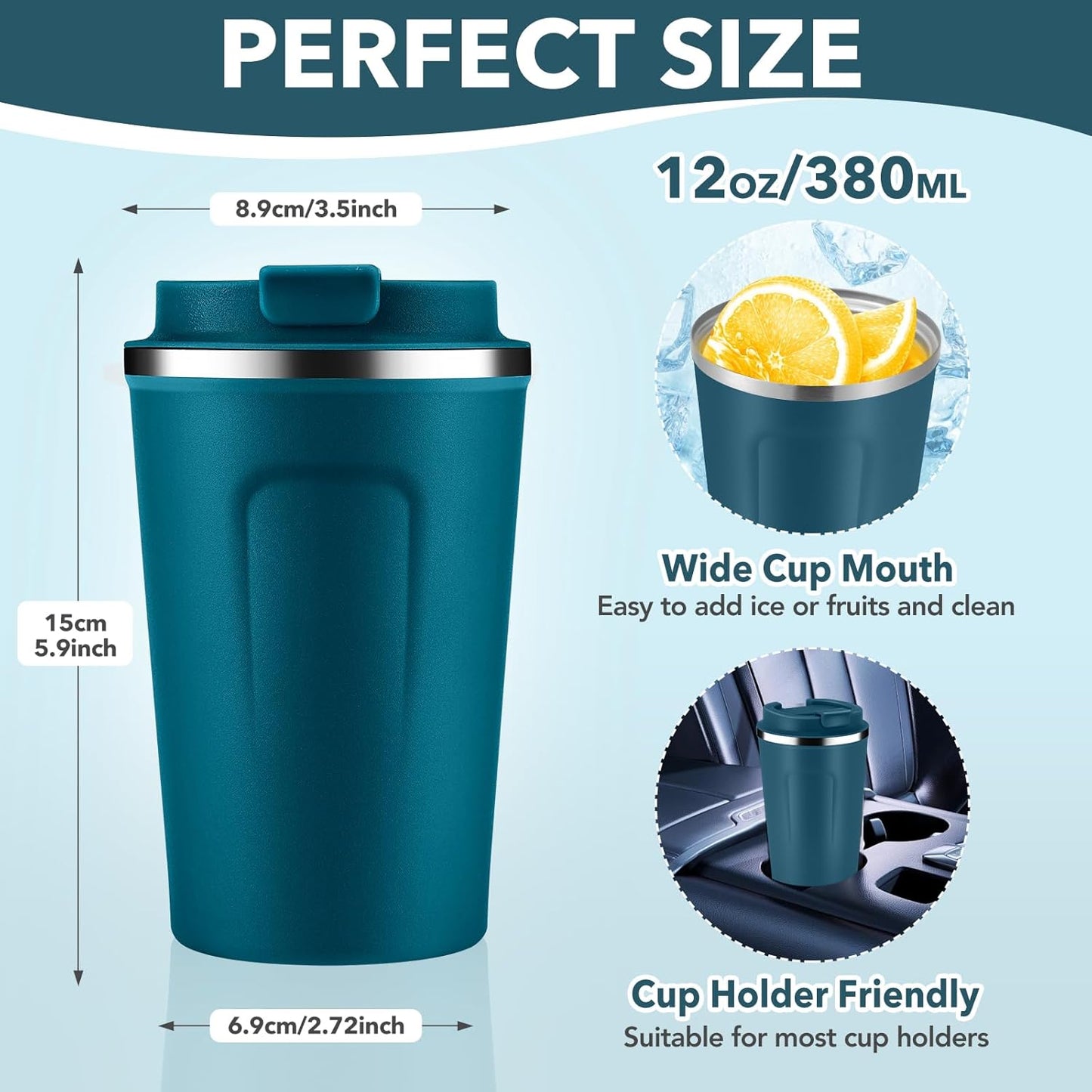 Volhoply 12 oz Double Wall Insulated Vacuum Travel Coffee Mug with Flip Lid,Reusable Stainless Steel Leak Proof Coffee Cup,Portable Iced Cafe Thermal Tumbler Suitable for Hot & Cold Drinks(Bule,1 Set)