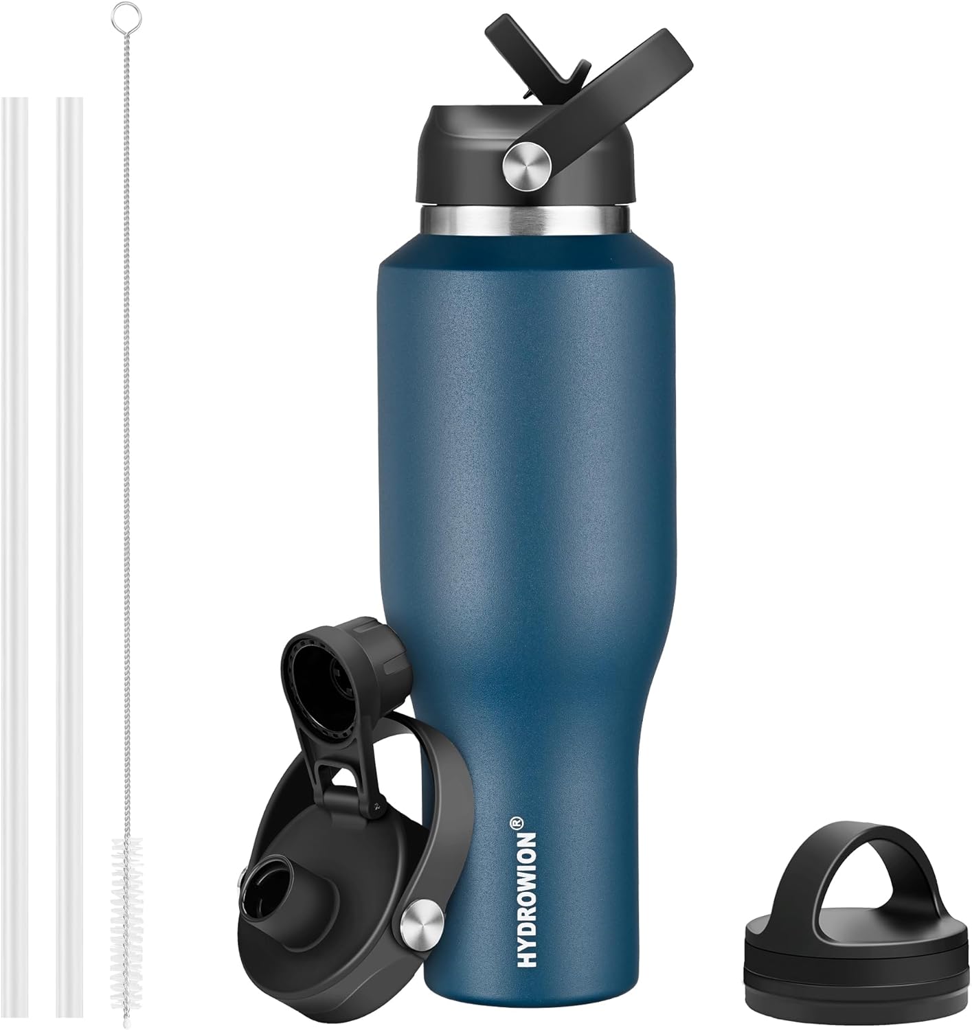 HYDROWION Water Bottles with Straw, 40oz Insulated Water Bottle fit in Car Cup Holder, Black Water Bottles with Straw Lid, Spout Lid and Flex Cap, Leakproof Travel Insulated Tumbler, Cobalt