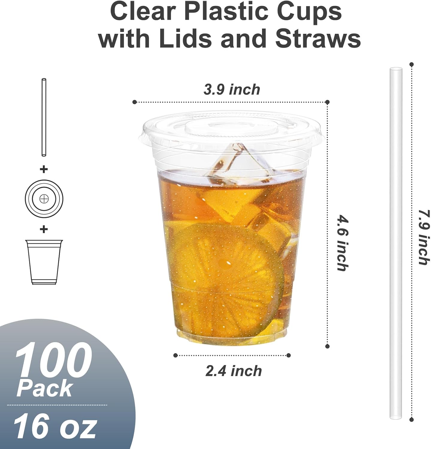 100 Pack - 16 oz Clear Plastic Cups with Lids and Straws, Sturdy & Food Safe Iced Coffee Cups with lids, Disposable Plastic Smoothie Cups for Cold Drinks