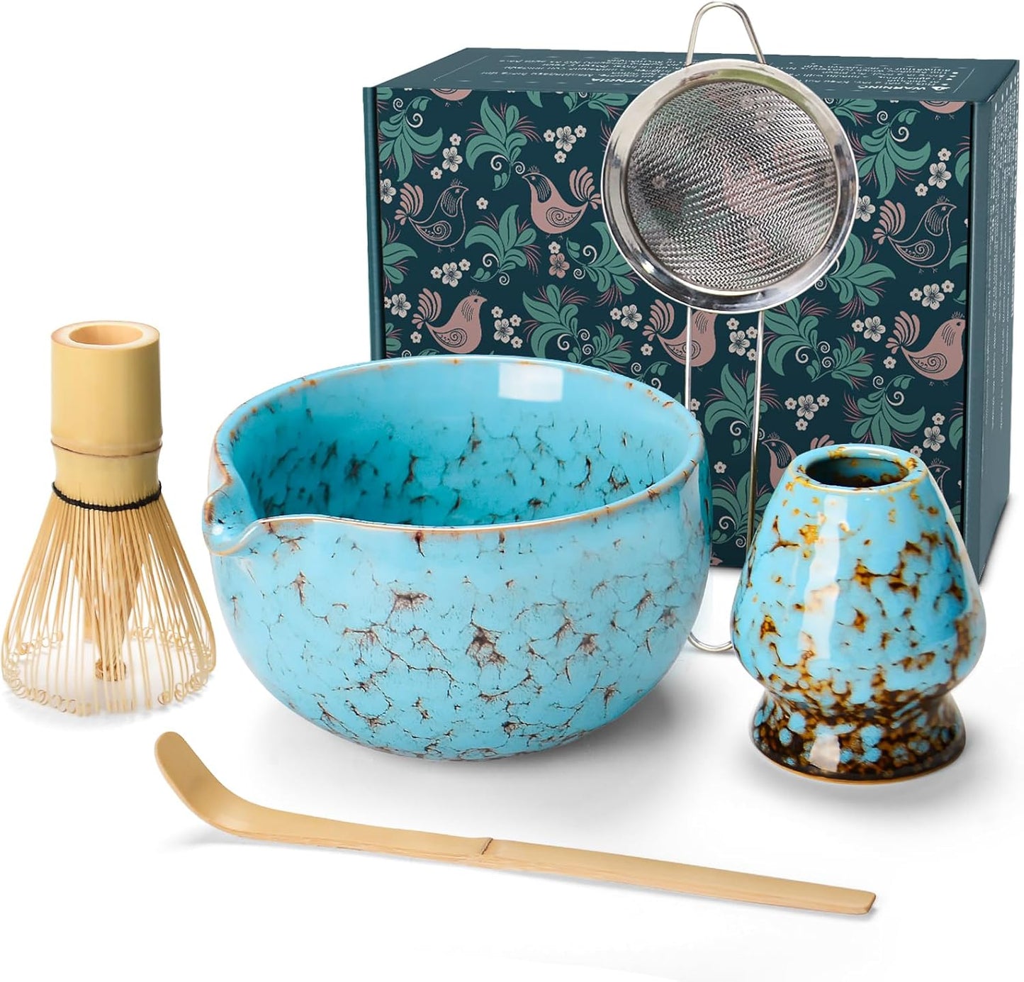 MONOJOY Matcha Whisk Set Ceramic Bowl with Spout Includes Chasen and Holder, Bamboo Scoop, Sifter Kit, Ceremonial Matcha Tea Cute Making Tool Gift Perfect for Matcha Latte Lovers | Beginners, 5pcs