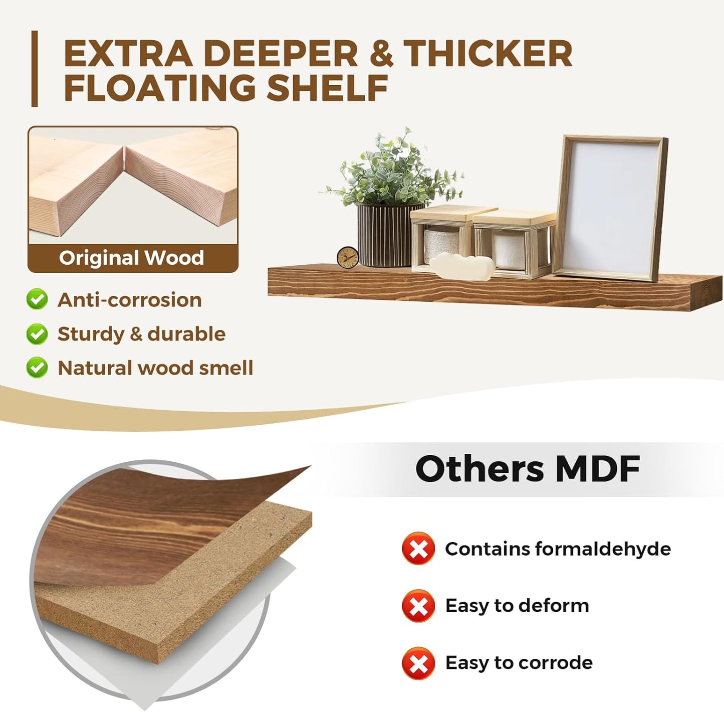 36x8x1.6 inch Floating Shelves Set of 2 – Solid Wood Rustic Brown Wall Mounted Shelf for Kitchen, Bathroom, Living Room