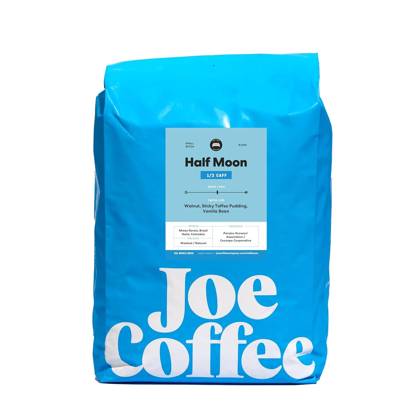Joe Coffee Company - Half Moon Half Caffeinated Whole Bean Specialty Coffee, 5 lb Bag | NYC Roaster, Rainforest Alliance Certified, Kosher, Climate-Friendly