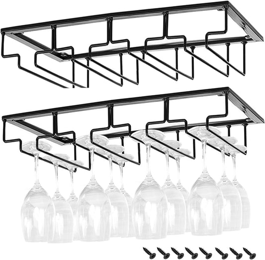 Wine Cup Holder Table Decoration Storage Hanger Metal Organizer for Bar Kitchen Stemware Rack Under Cabinet Stainless Steel Hanger Storage Shelf Black (Black, 4 Rows 2 Packs)