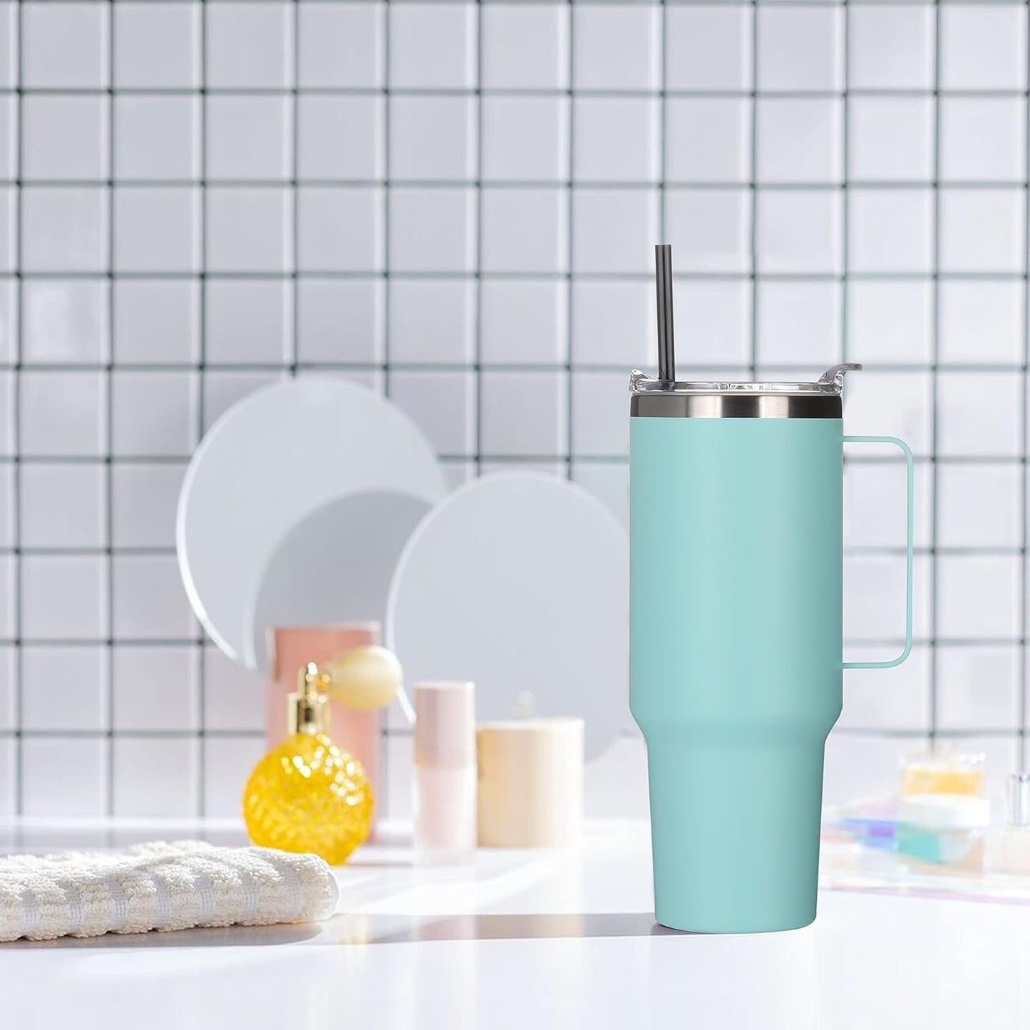 HASLE OUTFITTERS 40 oz Stainless Steel Tumbler with Handle, Vacuum Insulated Tumblers Bulk, Reusable Double Wall Travel Coffee Mug, Durable Powder Coated Water Bottle(Mint Green, 1)