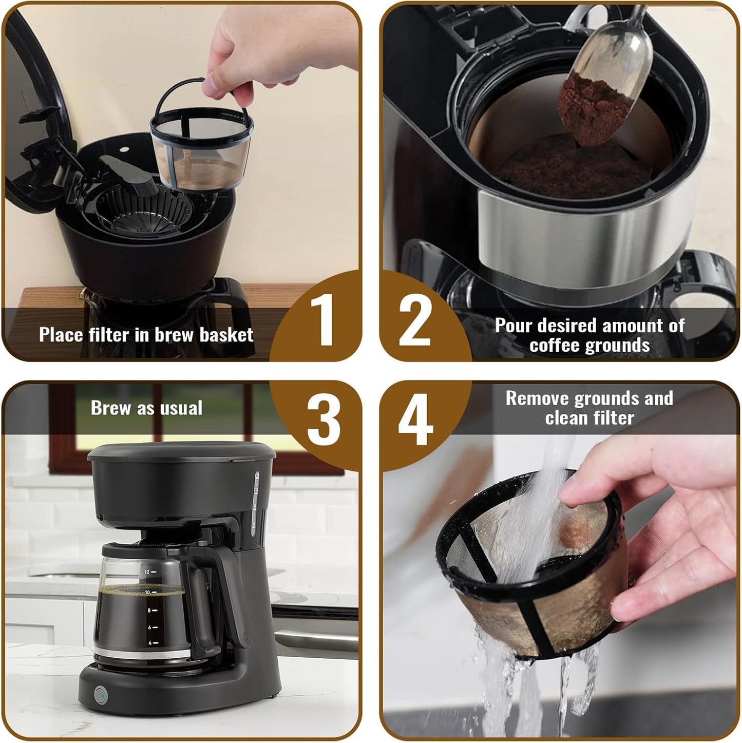 4Pack Coffee Maker Filter Compatible with Mr Coffee 5 Cup,Reusable And Durable Stainless Steel,BPA-Free,Golden Basket