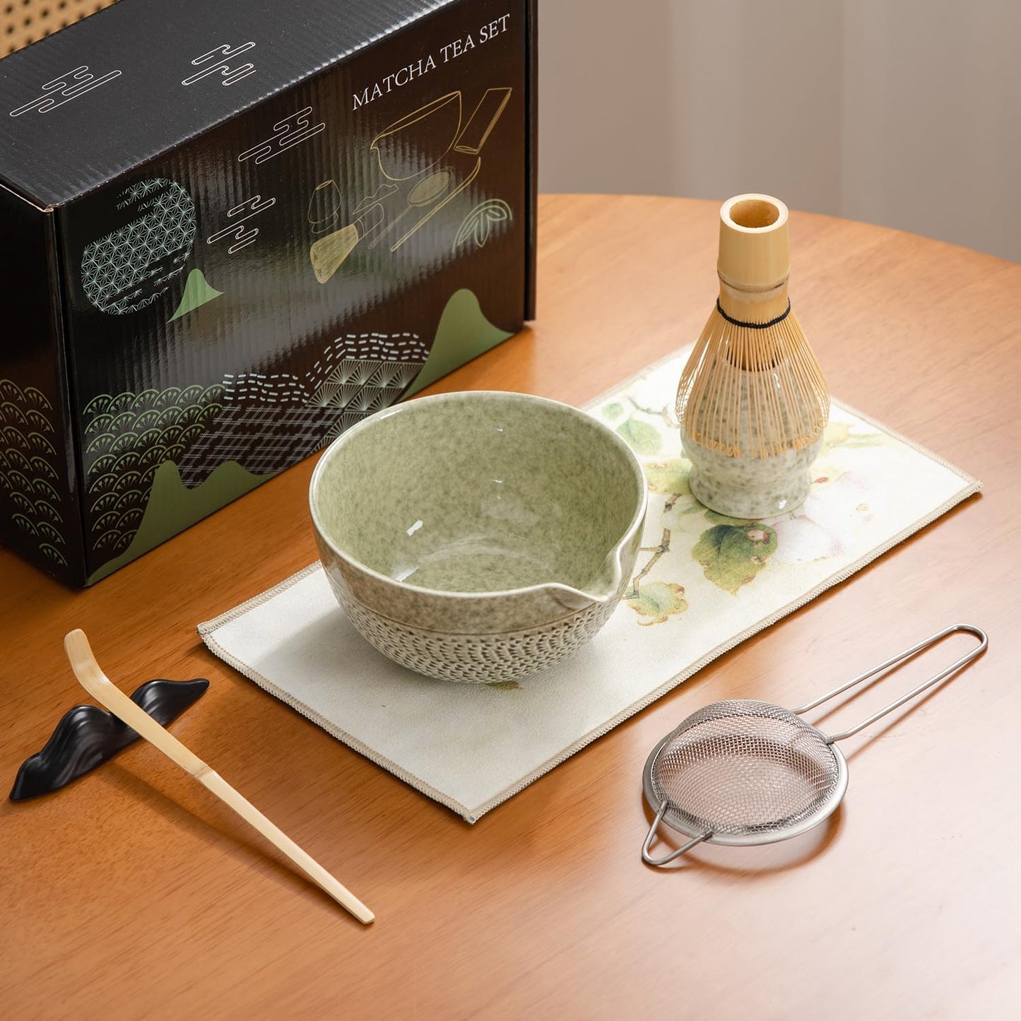 Japanese Matcha Ceremony Accessory, Matcha Whisk, Traditional Scoop (Chashaku), Tea Spoon, Whisk Holder, 1 tea bowl, 1 tea siev, The Perfect Set to Prepare a Traditional Cup of Matcha.