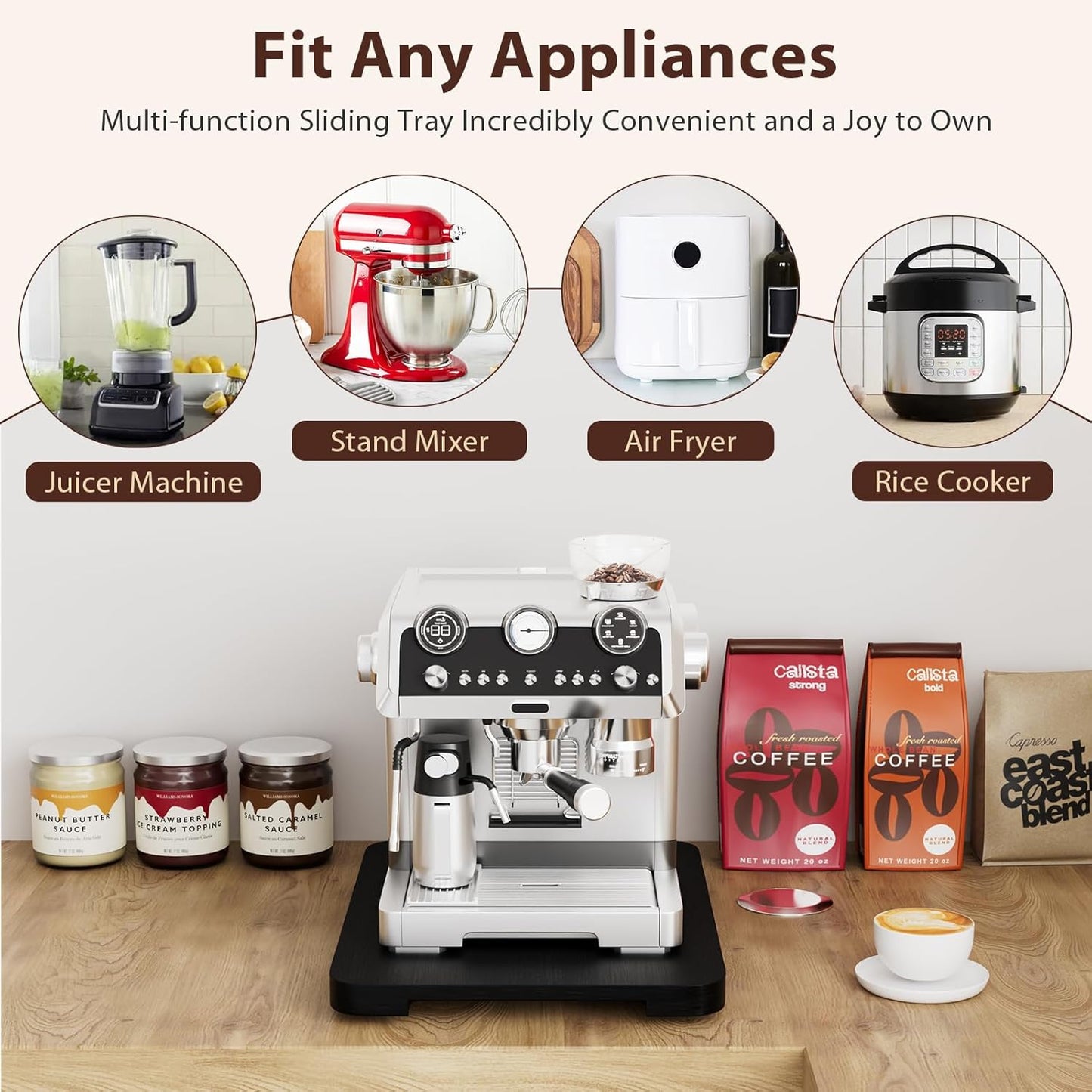 GuanQiao 360° Rotation Appliance Slider for Coffee Maker & Heavy Kitchen Appliance, Bamboo Rolling Tray for kitchen Counter, Sliding Tray with Premium Wheels (Black, 13.9"× 9.4")