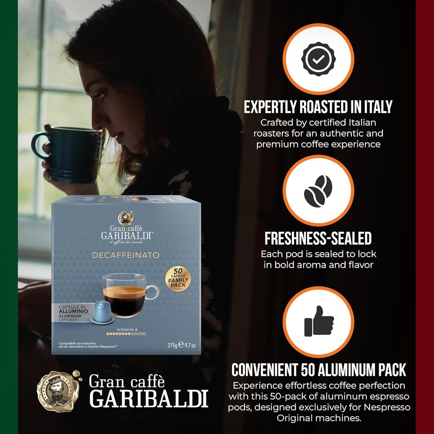 Gran Caffè Garibaldi Decaffeinated Espresso Pods, Italian Roasted Coffee, Decaf Capsules Compatible with Nespresso Original Line Machines, Nitrogen Flushed Intense & Rich Aroma - Decaffeinato (Aluminum) 200 Cups