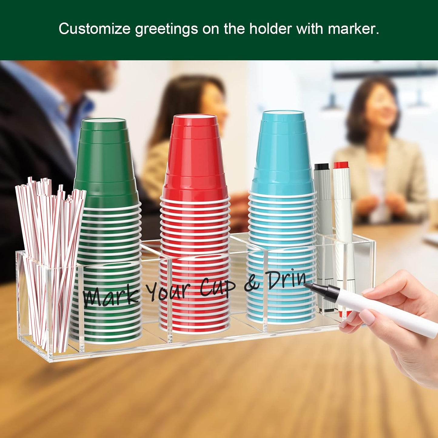 Triple Cup Holder With Marker Slot, Party Dispenser Acrylic Organizer, Mark Your Drink Caddy, Modern Bar Counter Decor, Clear