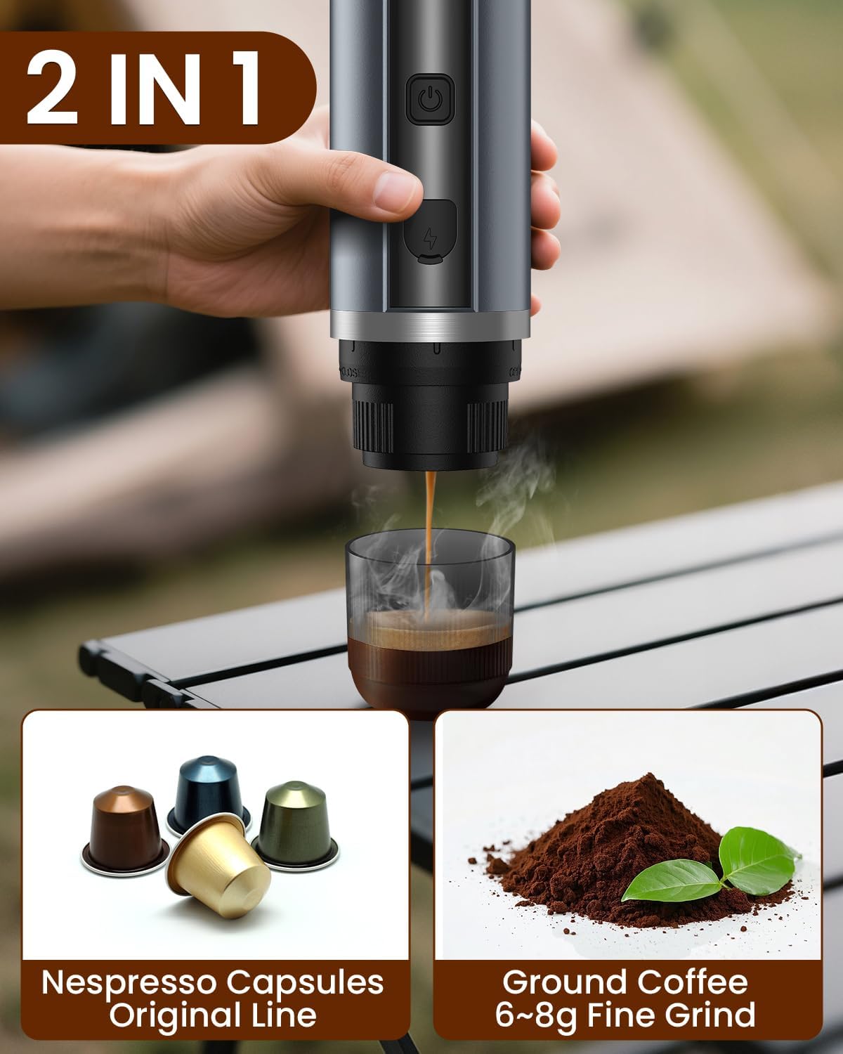 Portable Espresso Maker, 20 Bar Electric Espresso Machine for Travel, Camping, Rechargeable USB-C Mini Coffee Maker for NS Capsule Pods and Ground Coffee, Gray