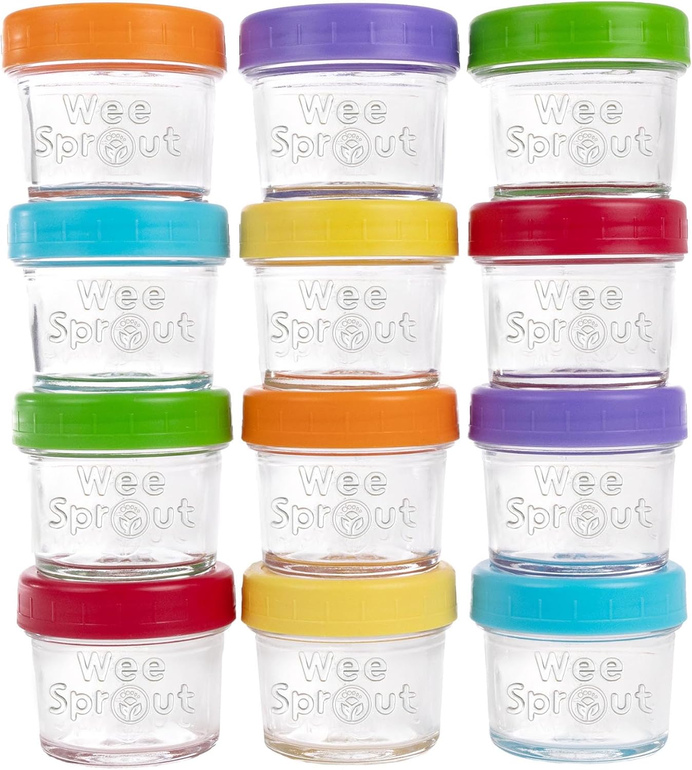 WeeSprout Glass Baby Food Storage Jars w/Lids (4 oz, 12 Pack Set) Snack, Puree, Reusable Small Containers, Breast Milk, Fridge or Freezer, Microwave & Dishwasher Safe, Essential Must Have for Infants