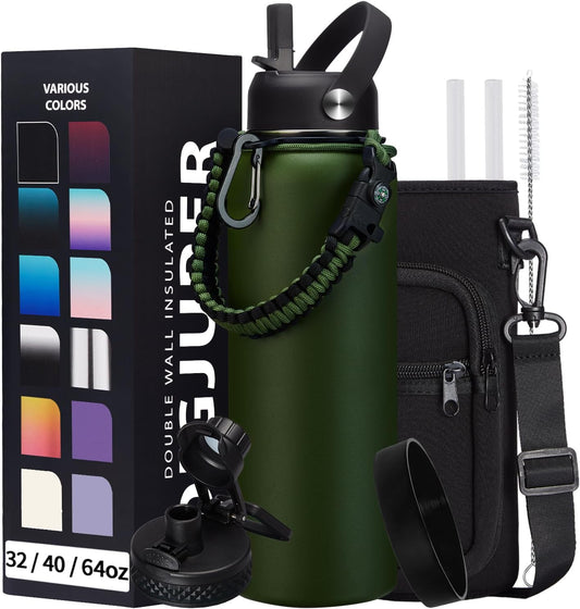 40OZ Water Bottle Stainless Steel - Cold-48H & Hot-24H Vacuum Insulated Water Bottle with Straw & Chug Lid, Strap Carrying Pouch, Paracord Handle & Flask Boot, Thermo Hydro Bottle for Hiking Cycling