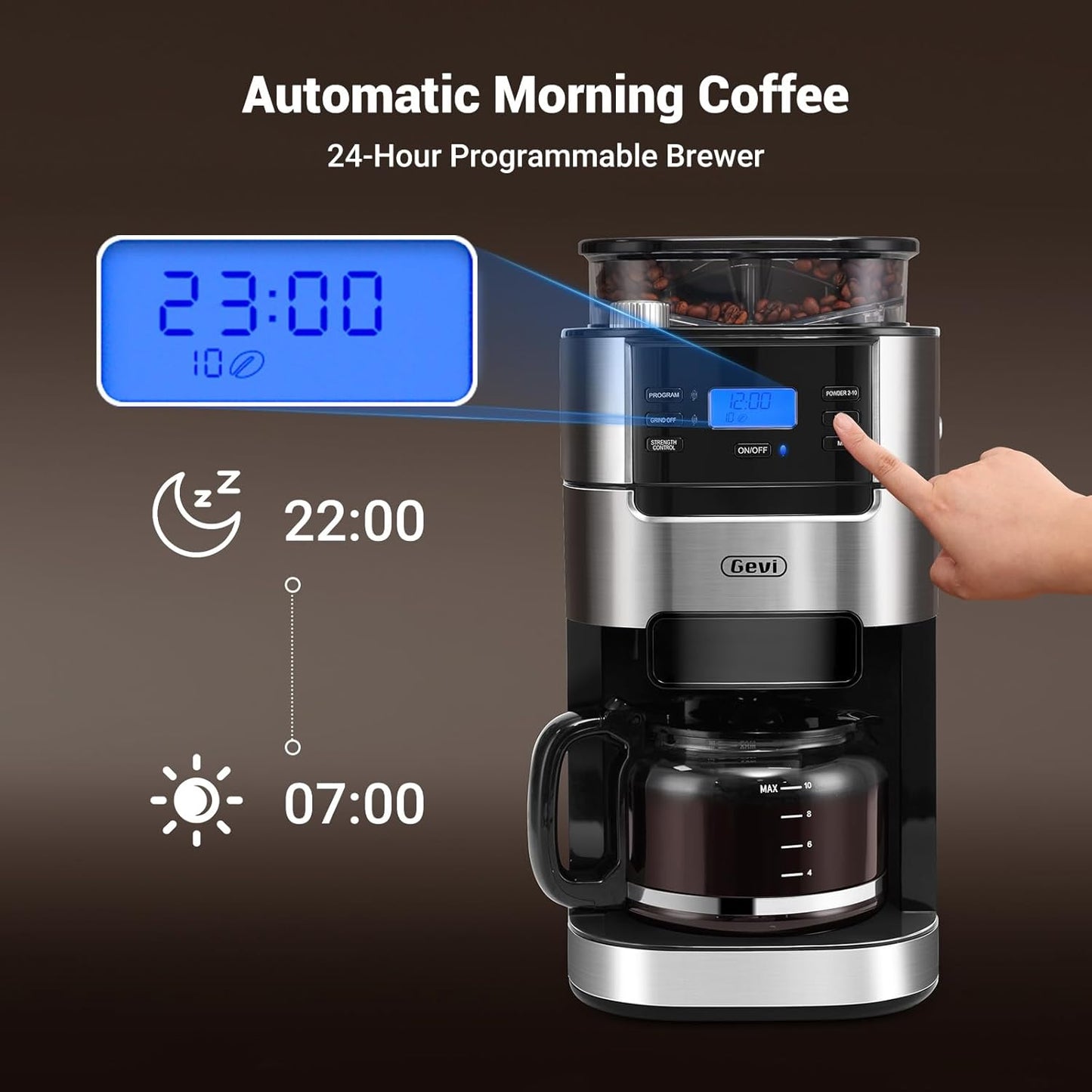 Gevi 10-Cup Drip Coffee Maker with Built-in Burr Grinder & Programmable Timer, 1.5L Water Tank, Auto Keep-Warm, Reusable Filter - Fresh Ground Coffee Machine (Black)