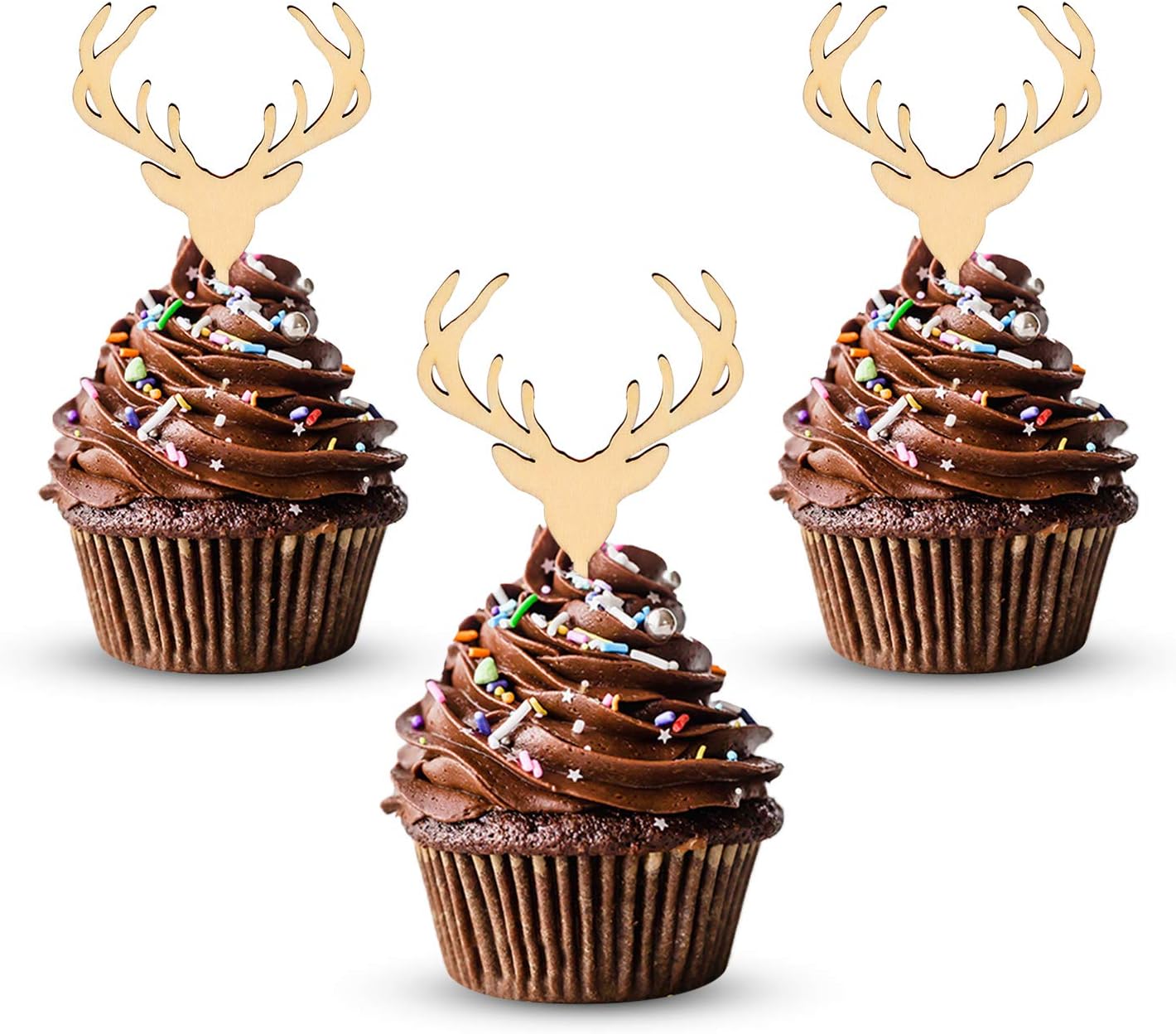 Wooden Deer Cupcake Toppers Antler Cake Picks Wedding Baby Shower Birthday Hunting Rustic Country Party Cake Decoration Supplies 24 Counts